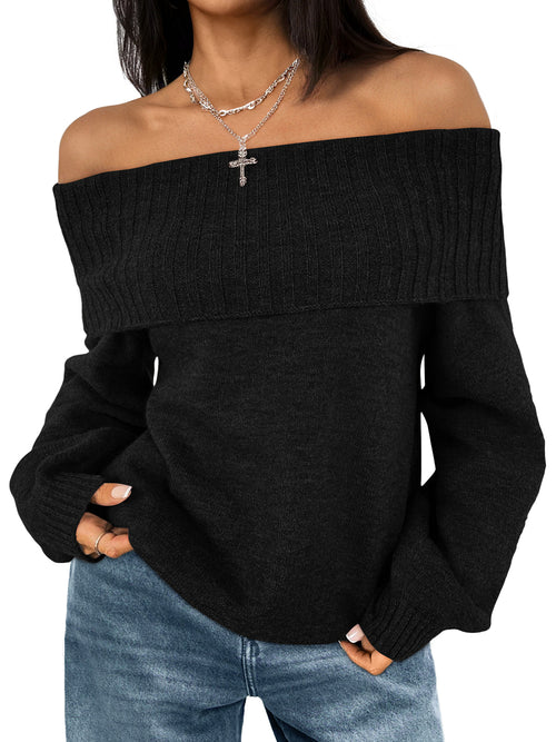 LILLUSORY Off The Shoulder Sweaters Womens Fall Pullover Tops Cute Casual Loose Knit Going Out Cute Long Sleeve Top Winter Trendy Cozy Fashion Party Outfit Clothes