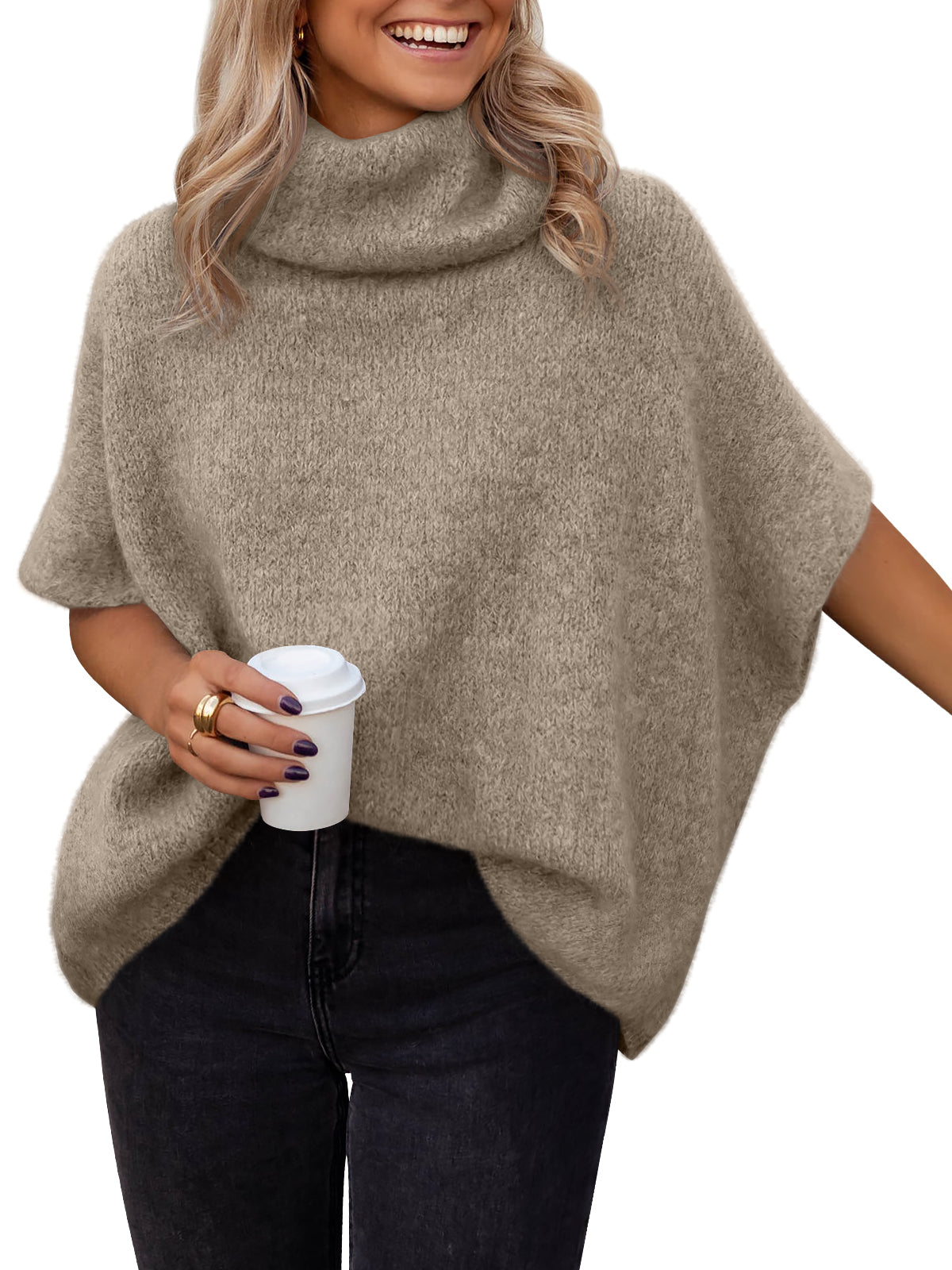 LILLUSORY Womens Mock Turtleneck Oversized Sweaters Bawting Sleeves Cozy Soft Knit Short Sleeve Fall Outfits Winter Loose Fit Cute Chunky Clothes