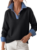LILLUSORY V Neck Sweaters for Women Denim Collared Polo Shirts Fall Outfits Long Sleeve Pullover, 2 In 1 Faux Layer, Color Block, Button Up, Business Casual Outfit, Office Work, Knit Winter Clothes