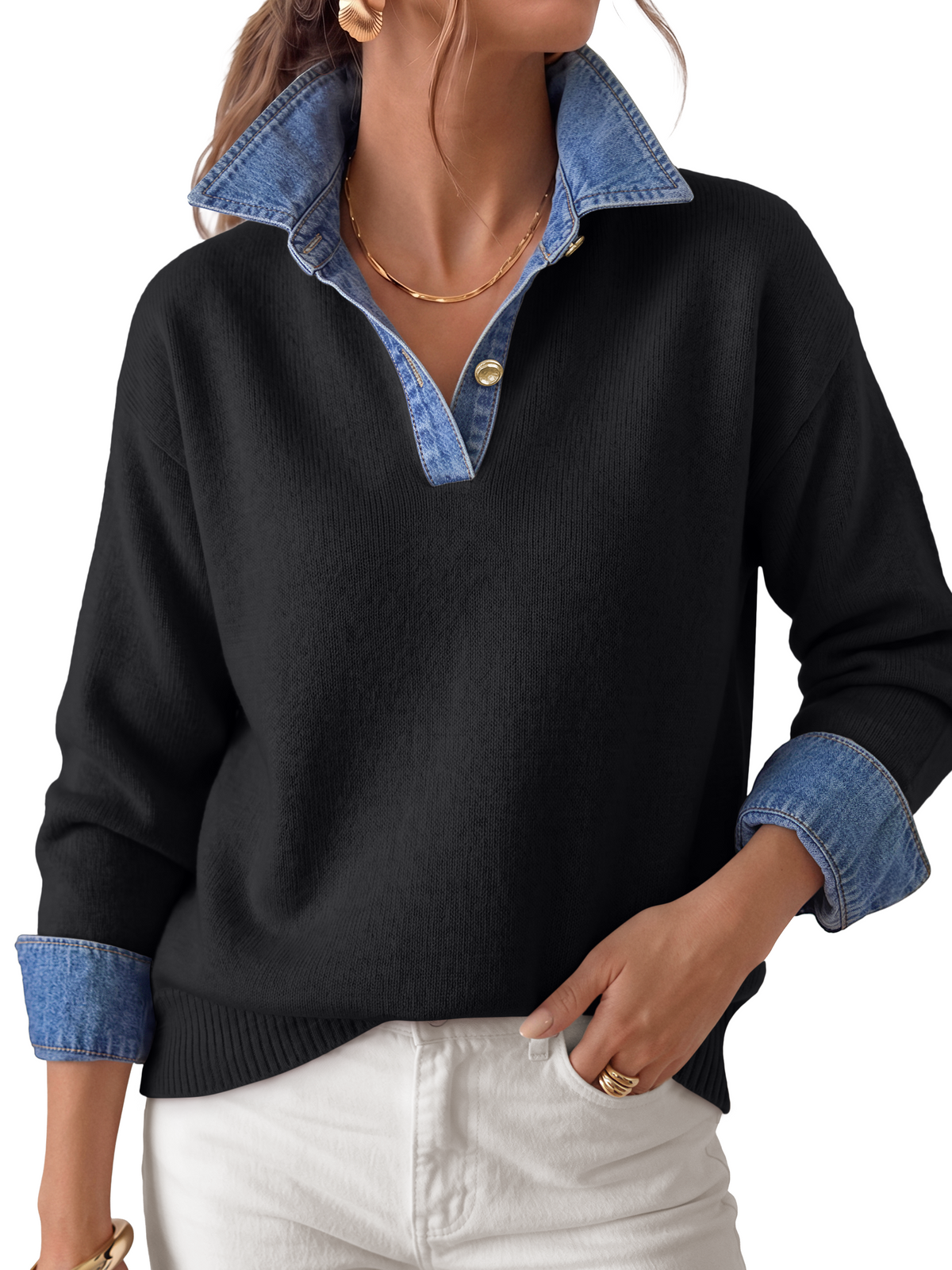 LILLUSORY V Neck Sweaters for Women Denim Collared Polo Shirts Fall Outfits Long Sleeve Pullover, 2 In 1 Faux Layer, Color Block, Button Up, Business Casual Outfit, Office Work, Knit Winter Clothes