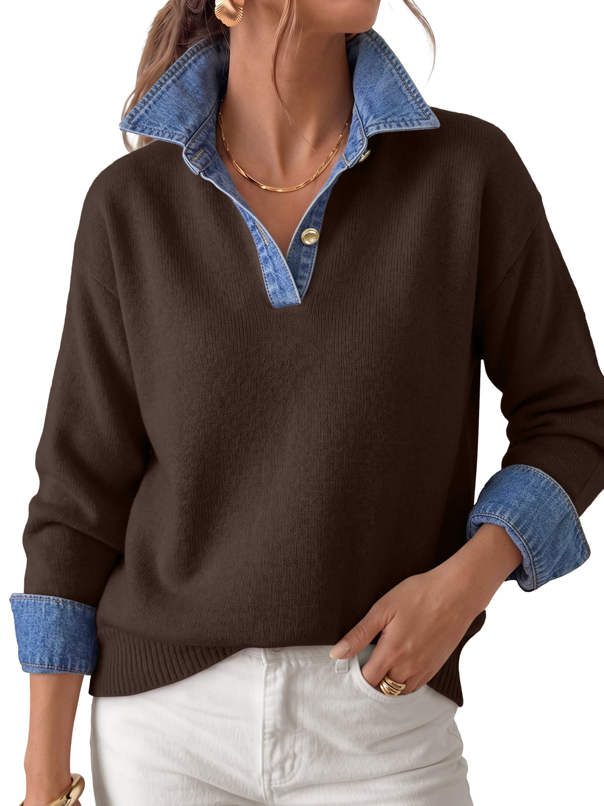 LILLUSORY V Neck Sweaters for Women Denim Collared Polo Shirts Fall Outfits Long Sleeve Pullover, 2 In 1 Faux Layer, Color Block, Button Up, Business Casual Outfit, Office Work, Knit Winter Clothes