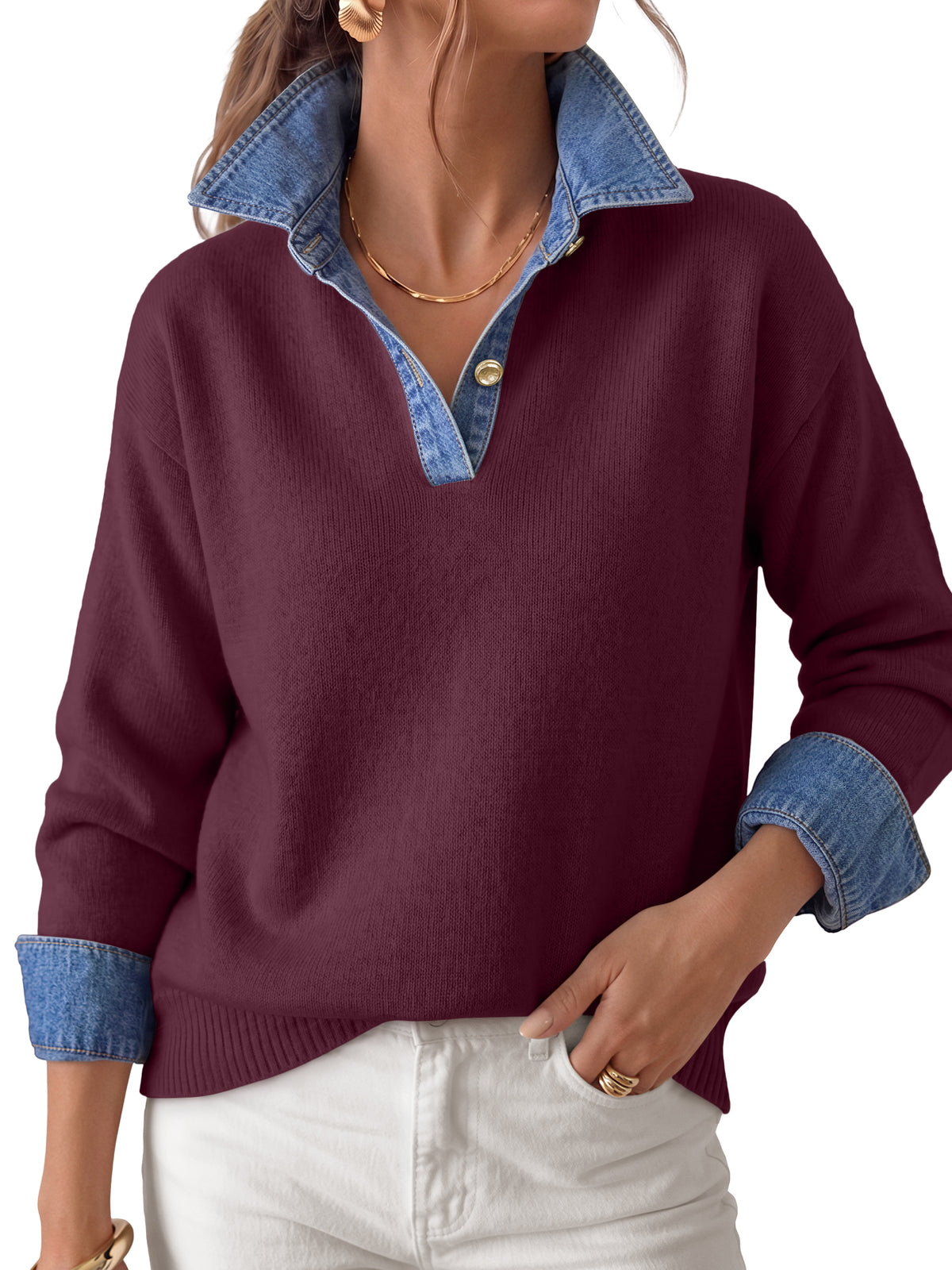 LILLUSORY V Neck Sweaters for Women Denim Collared Polo Shirts Fall Outfits Long Sleeve Pullover, 2 In 1 Faux Layer, Color Block, Button Up, Business Casual Outfit, Office Work, Knit Winter Clothes