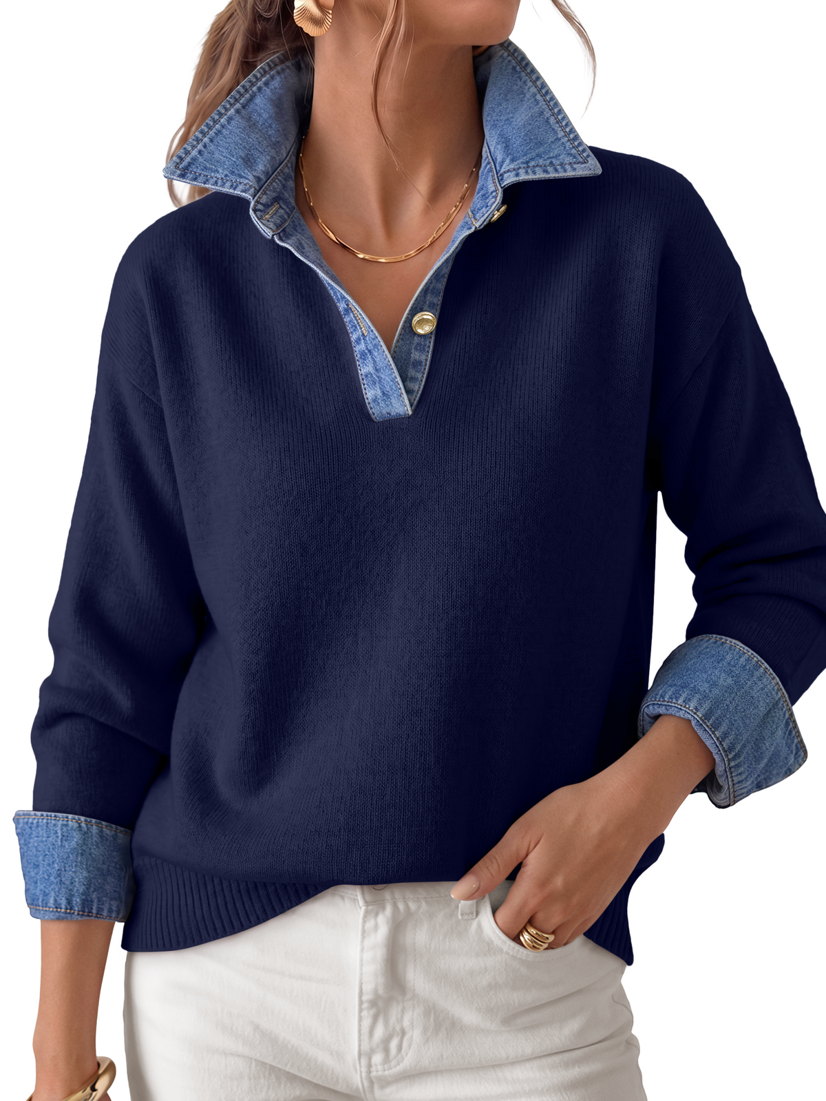 LILLUSORY V Neck Sweaters for Women Denim Collared Polo Shirts Fall Outfits Long Sleeve Pullover, 2 In 1 Faux Layer, Color Block, Button Up, Business Casual Outfit, Office Work, Knit Winter Clothes