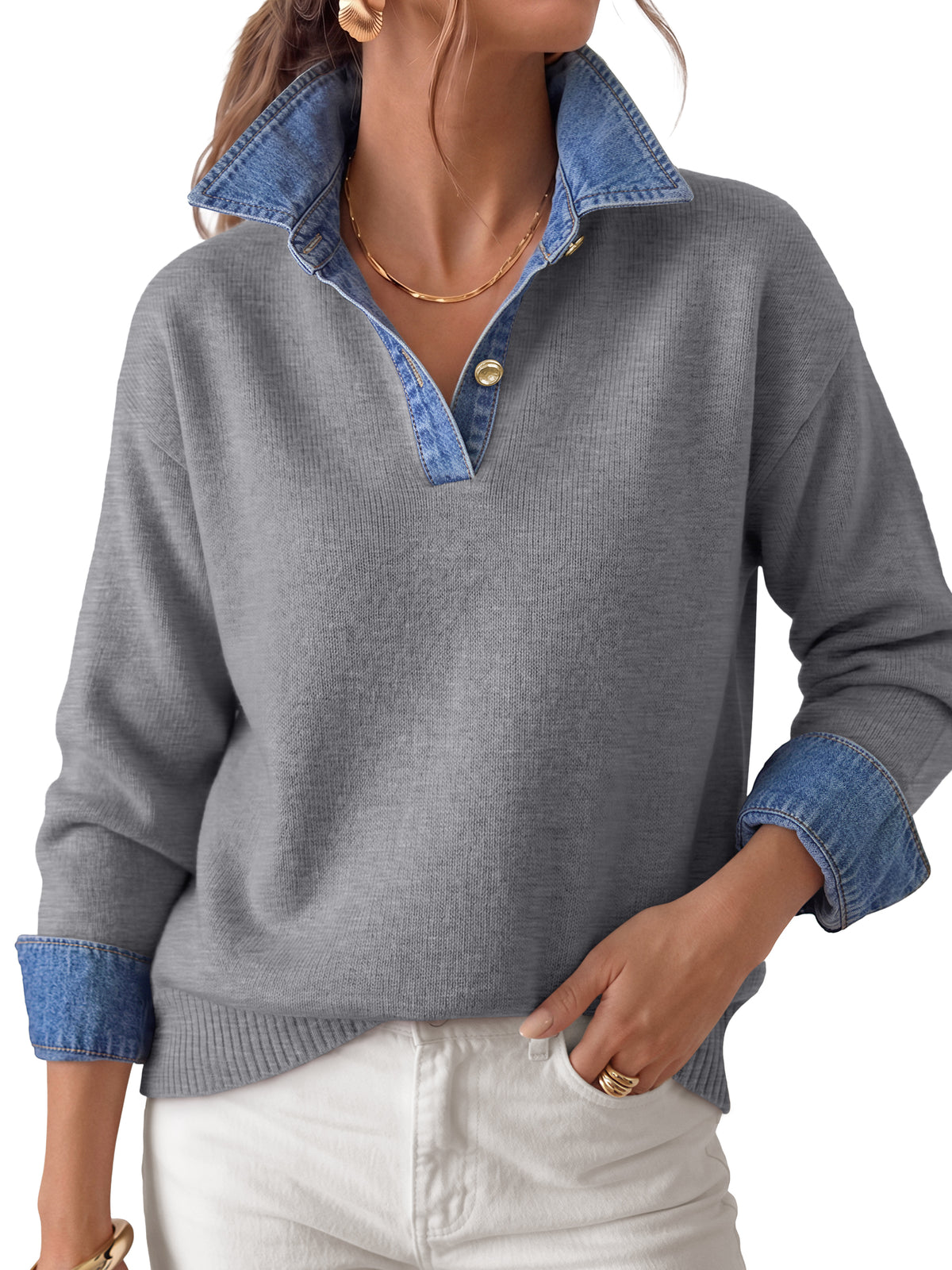 LILLUSORY V Neck Sweaters for Women Denim Collared Polo Shirts Fall Outfits Long Sleeve Pullover, 2 In 1 Faux Layer, Color Block, Button Up, Business Casual Outfit, Office Work, Knit Winter Clothes