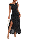 LILLUSORY Womens Wedding Guest Fall Off Shoulder Cocktail Party Dresses Ruched Long Dress with Side Slit, Ruffle Hem, 2026 Elegant Bodycon Outfits for Date Night, Formal Evening Dinner Wear