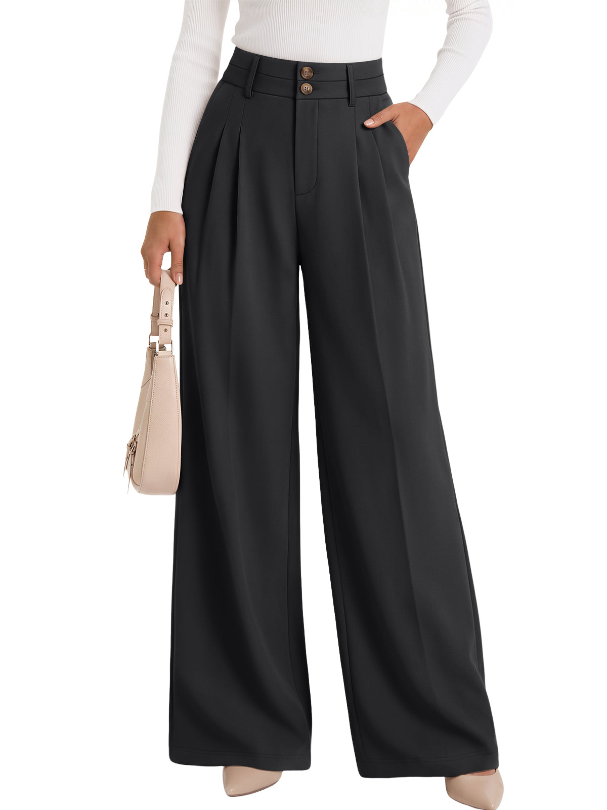 LILLUSORY Women's Wide Leg Dress Pants Work Business Casual Loose Trousers Flowy Comfy, Button Closure, High Waisted, Stretchy, 2 Pockets, Office&Interview, Travel Airport, Winter Teacher Outfits