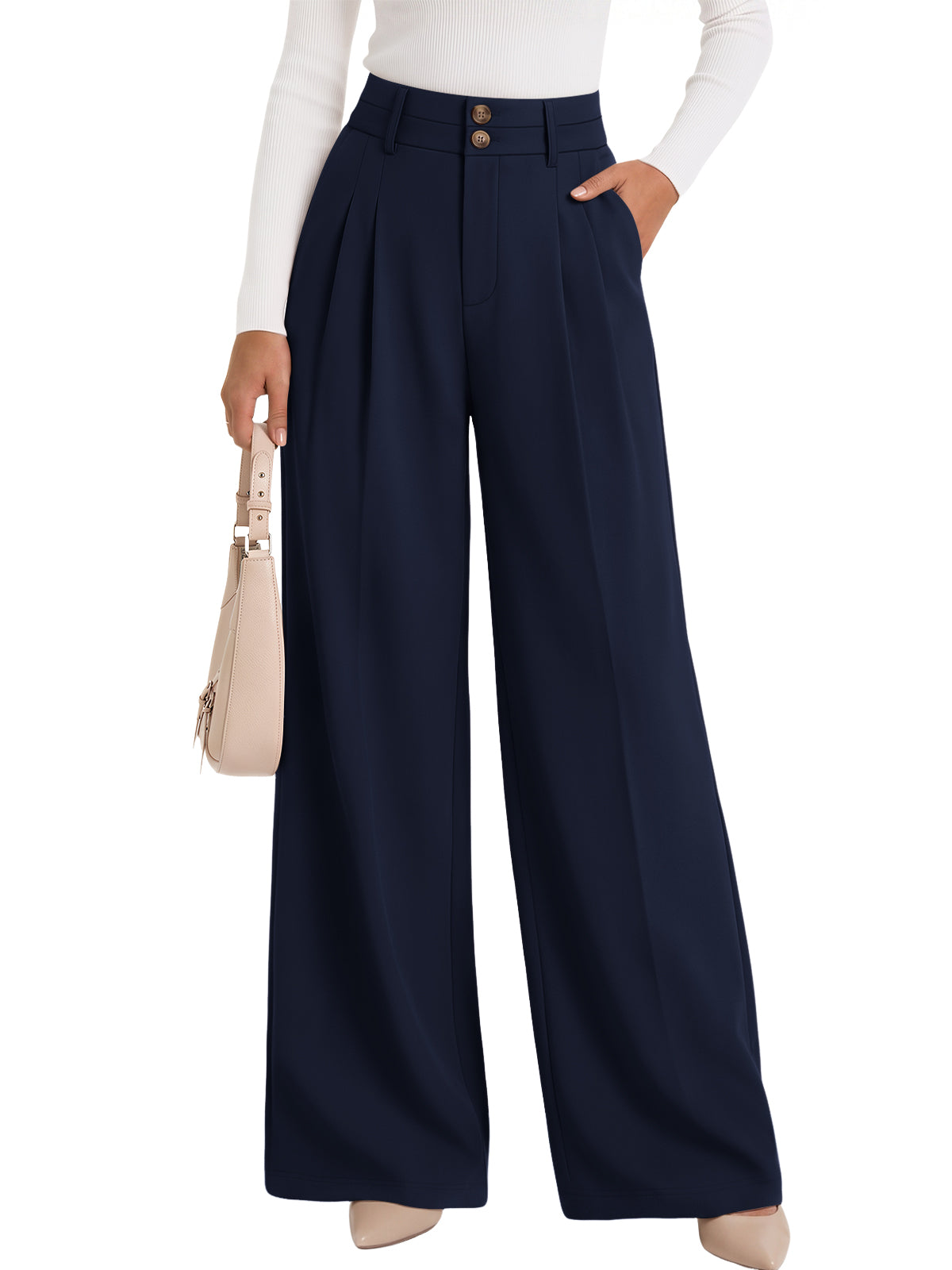 LILLUSORY Women's Wide Leg Dress Pants Work Business Casual Loose Trousers Flowy Comfy, Button Closure, High Waisted, Stretchy, 2 Pockets, Office&Interview, Travel Airport, Winter Teacher Outfits