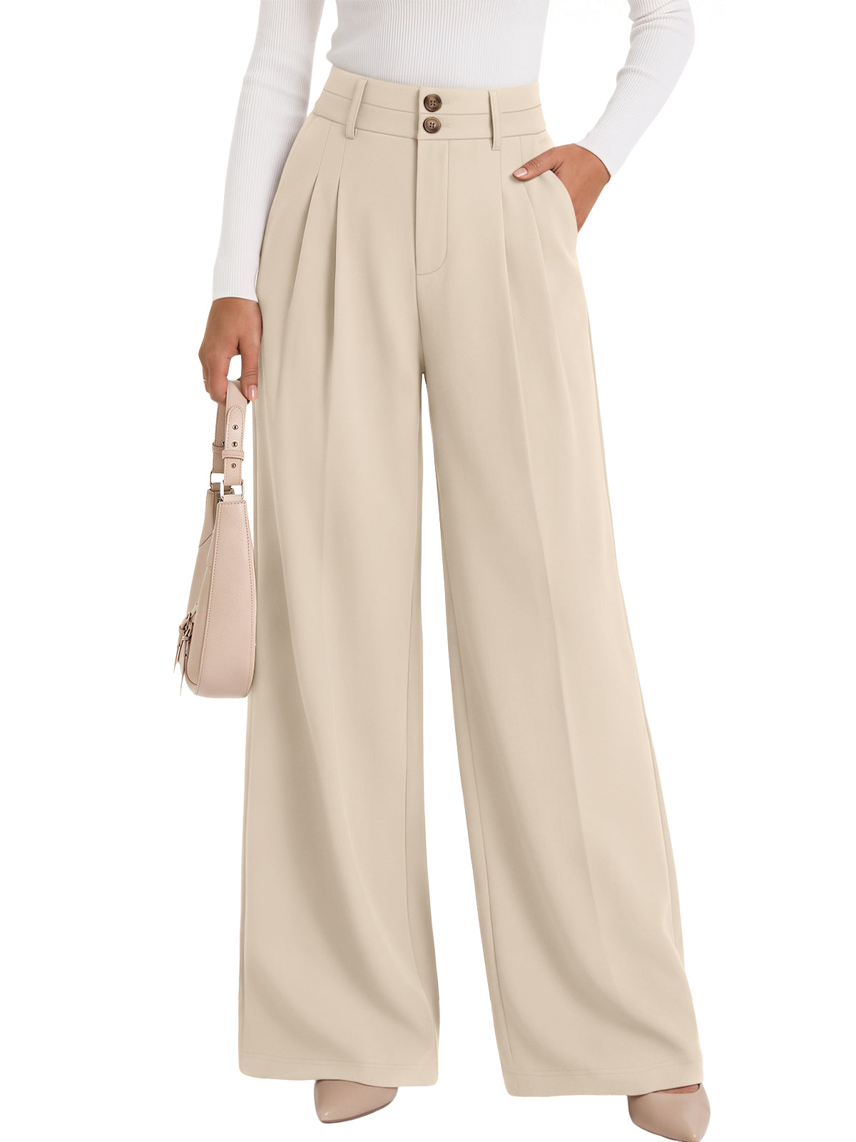LILLUSORY Women's Wide Leg Dress Pants Work Business Casual Loose Trousers Flowy Comfy, Button Closure, High Waisted, Stretchy, 2 Pockets, Office&Interview, Travel Airport, Winter Teacher Outfits