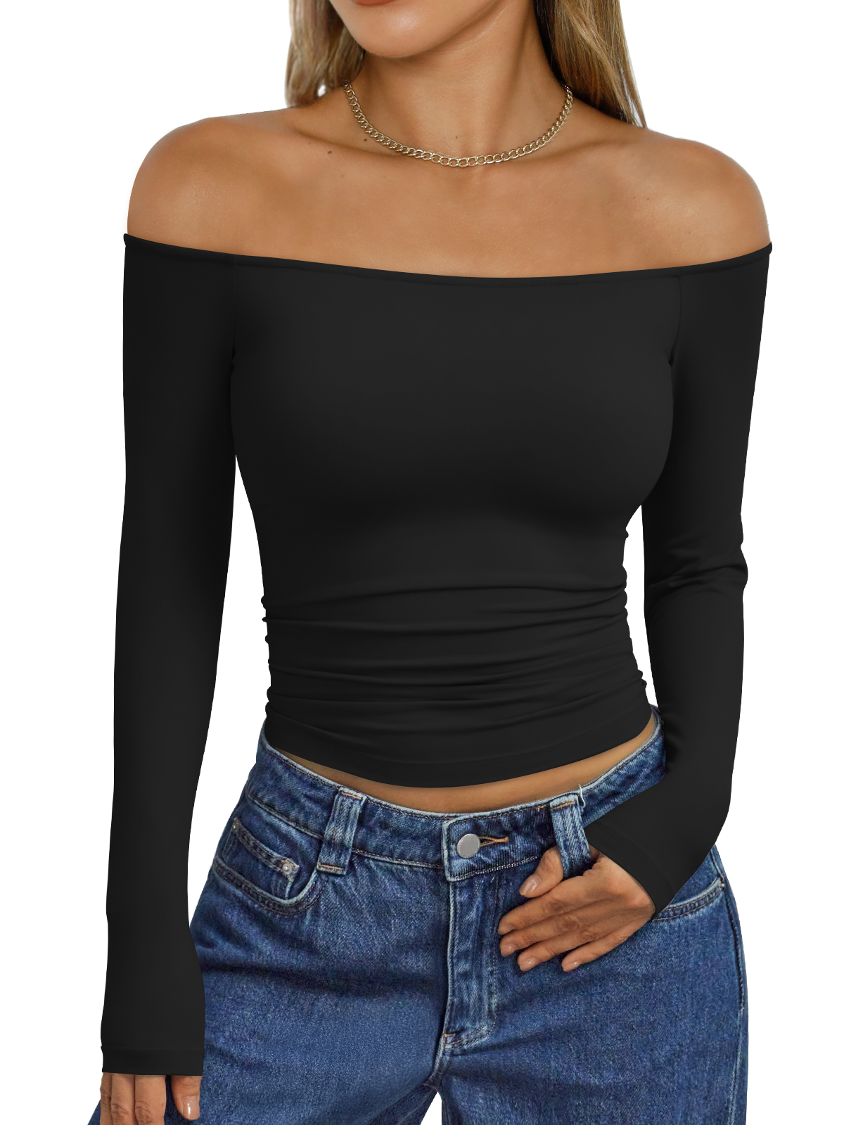 LILLUSORY Womens Off Shoulder Long Sleeve Tops Going Out T Shirts High-Stretch, Soft and Smooth, Tight Fitting, Party, Nightout, Autumn Clothes, Spring Outfits, Y2K Fashion, Clubwear
